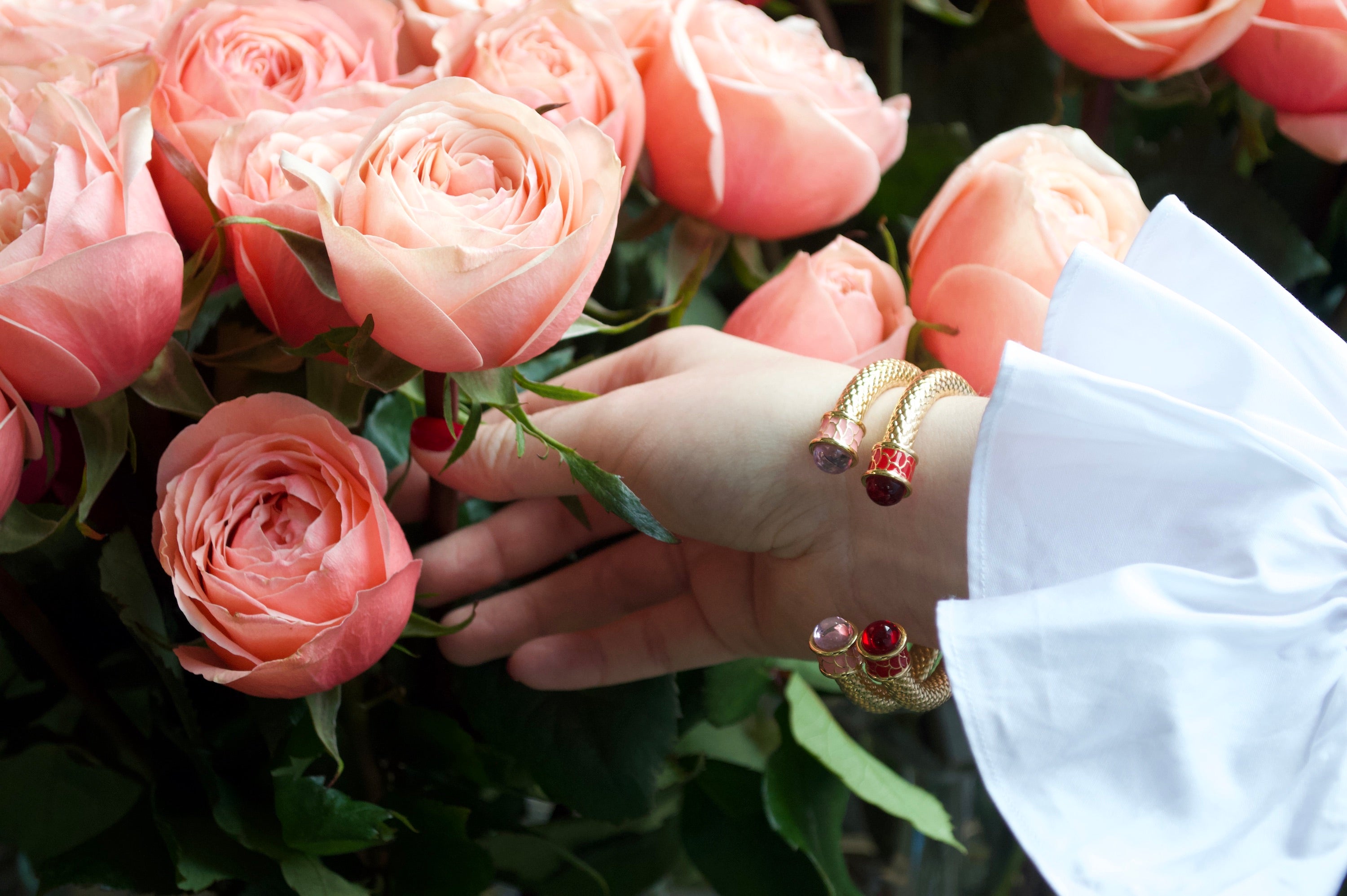 A hand reaching into a rosebush with two salamander torque bangles on its wrist. 