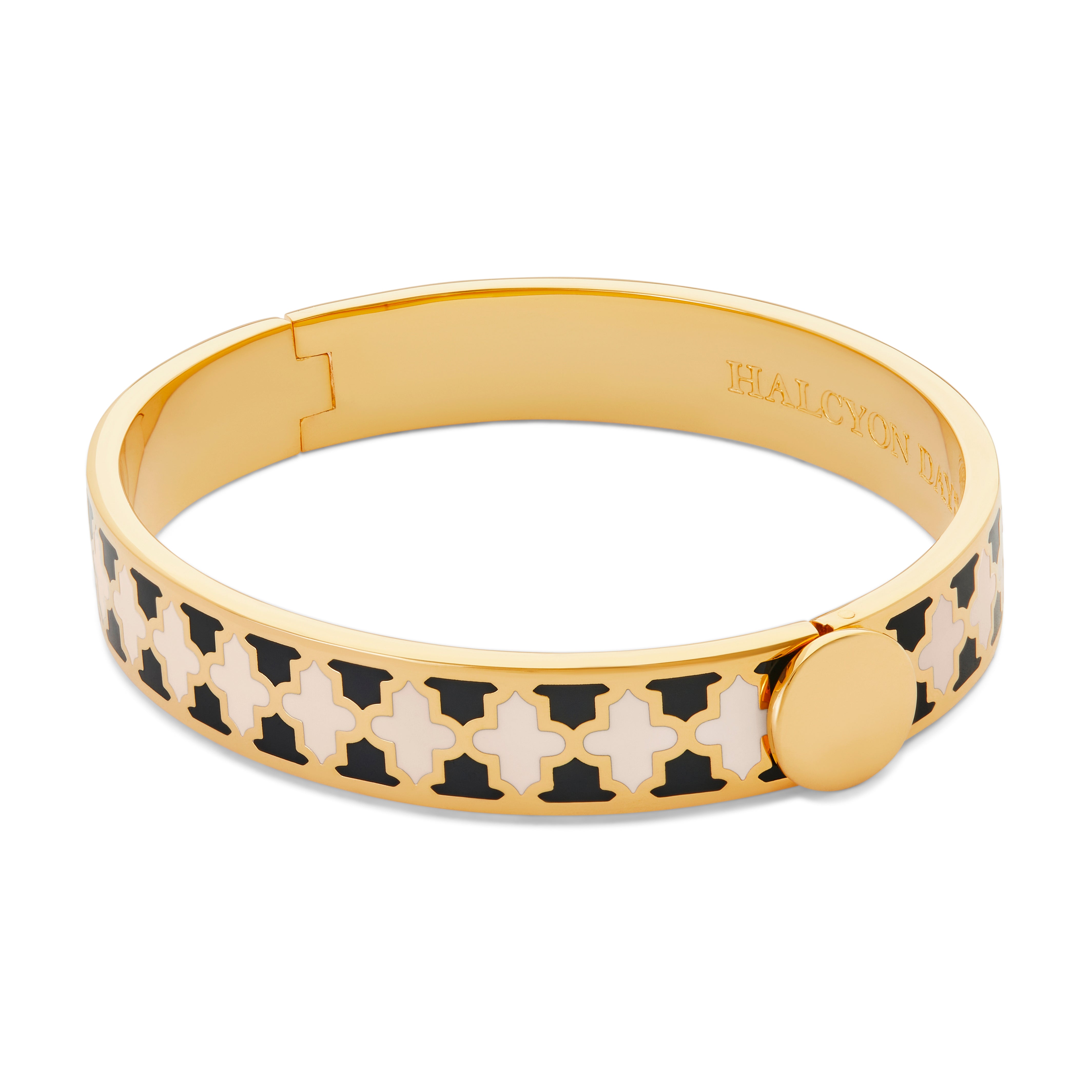 Agama Black, Cream Gold Hinged Enamel Bangle | Halcyon Days