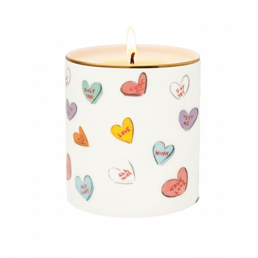 Candle with colorful heart designs on a white background