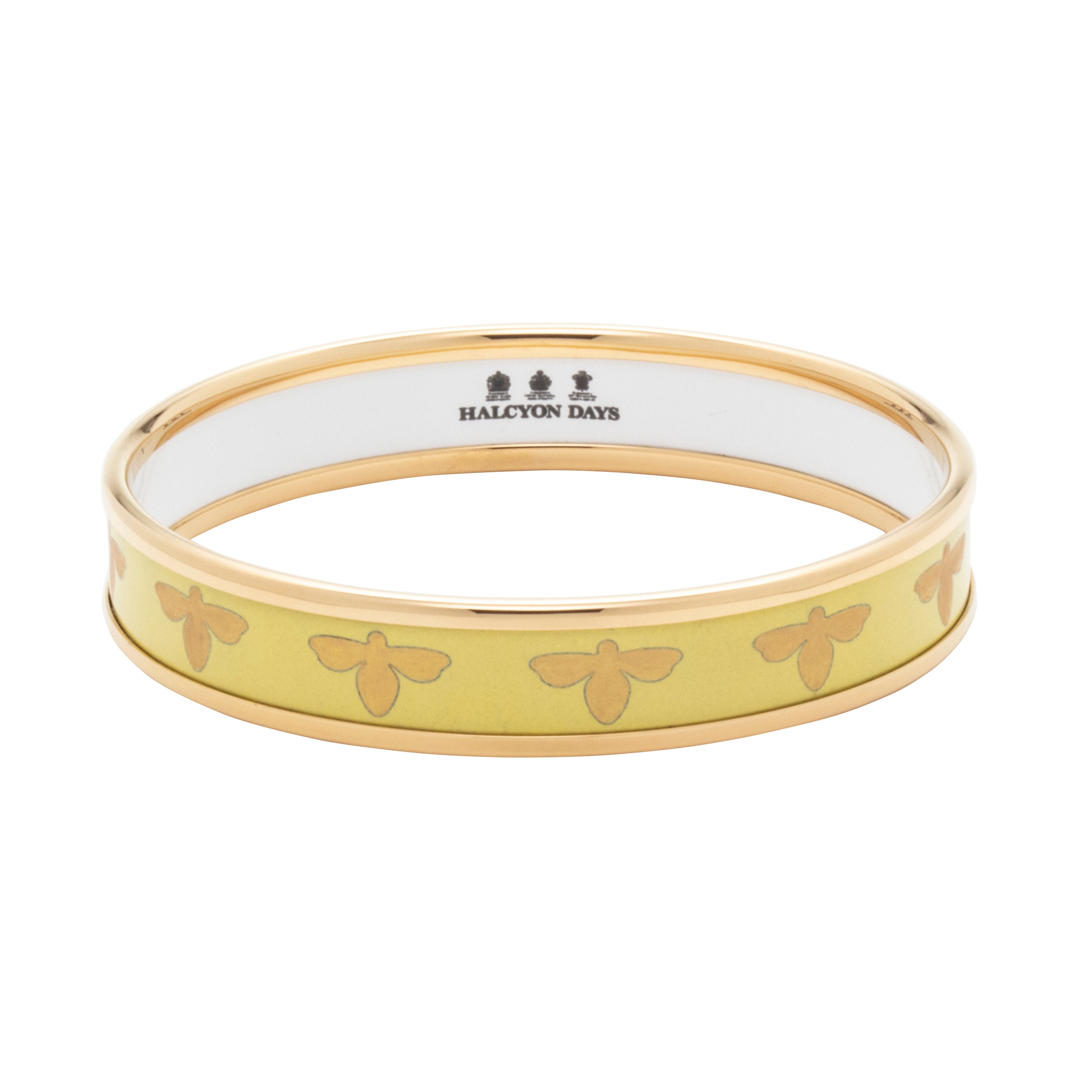 Halcyon Days enamel bangle in buttercup and gold with bee pattern